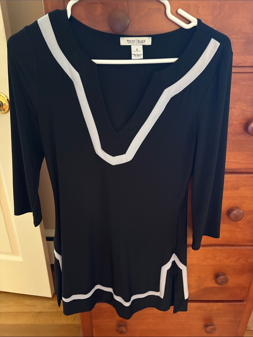 White House Black Market Black Tunic with White Trim Accents